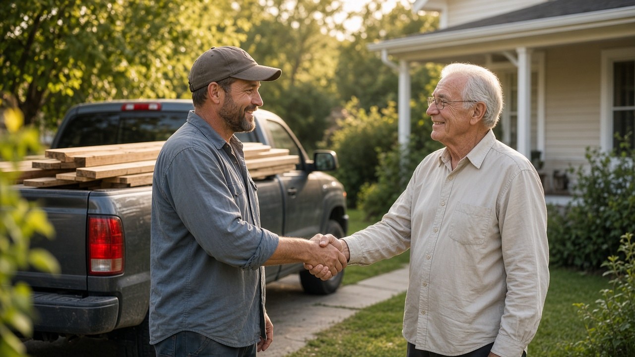A contractor shaking hands with the elderly homeowner beside a truck full of lumber