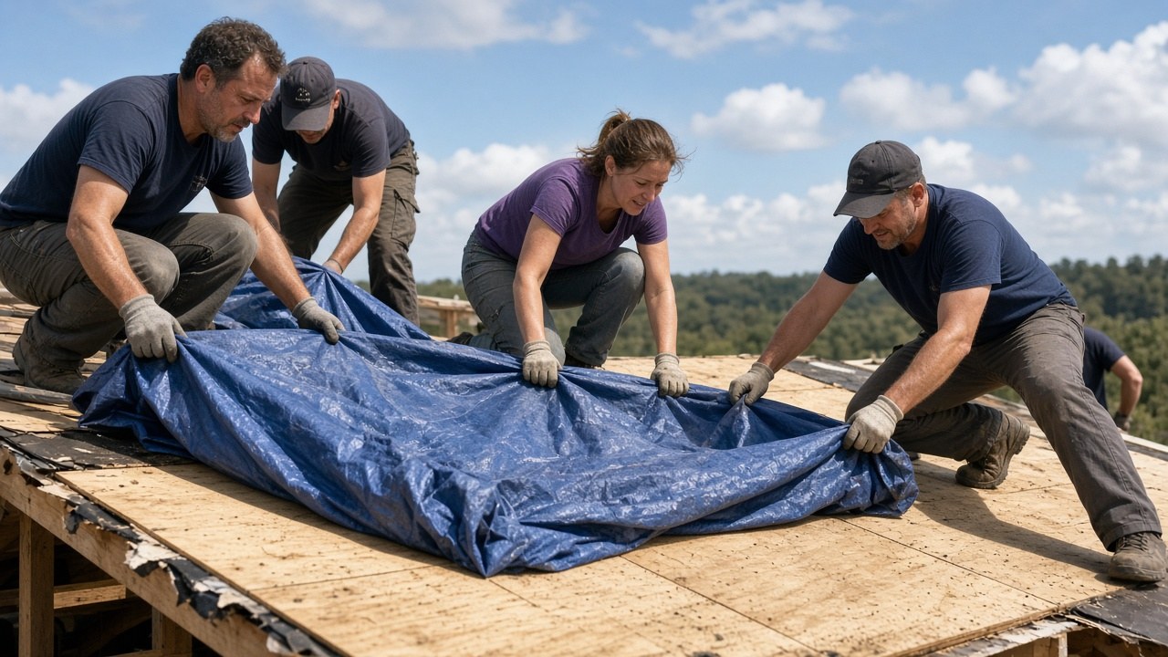 A team of neighbors stretching a heavy blue tarp across the damaged roof
