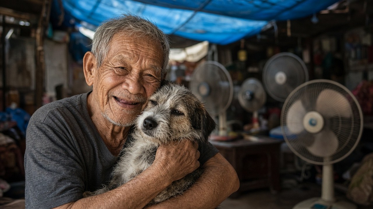 The grateful homeowner hugging his dog inside the house as fans dry it out
