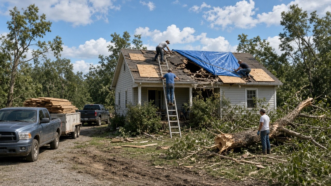 Volunteers covering a storm-damaged Kansas home with plywood and a blue tarp
