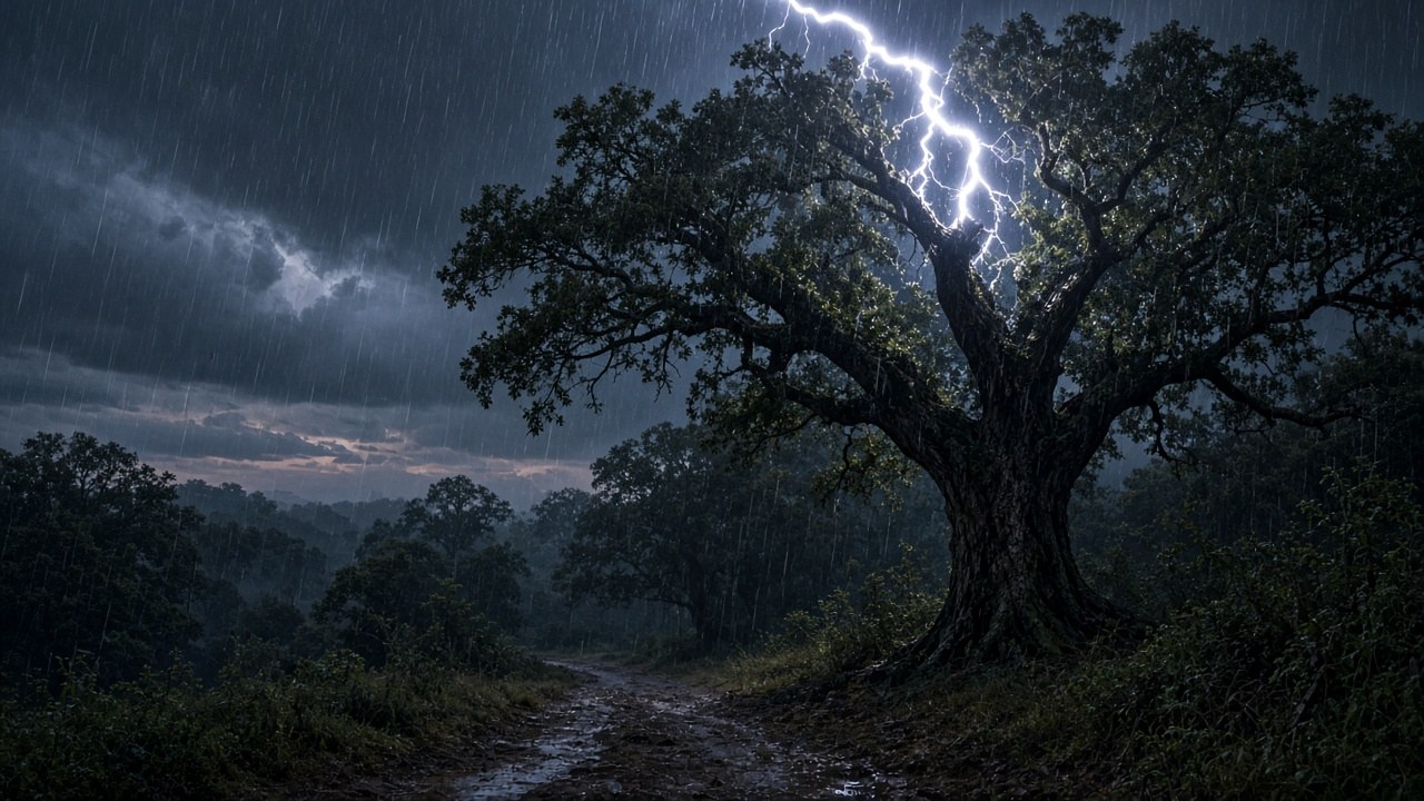 Lightning strikes a tree beside the trail