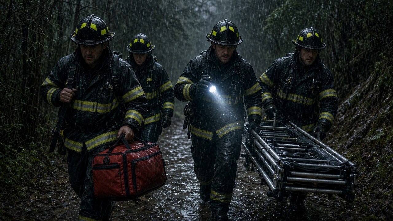 Rescuers race down a forest trail on foot
