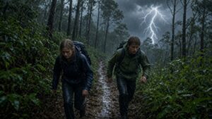Two hikers hurry along a forest trail in a heavy rainstorm as lightning flashes beyond the trees