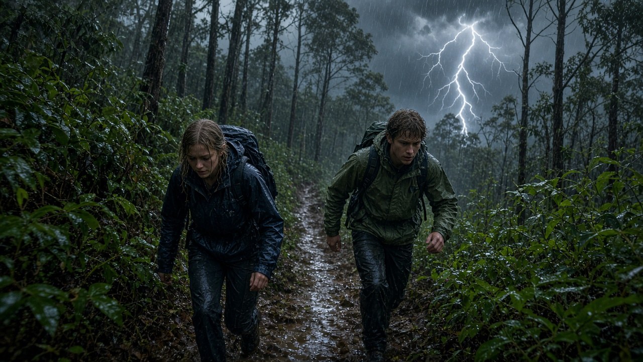 Two hikers hurry along a forest trail in a heavy rainstorm as lightning flashes beyond the trees