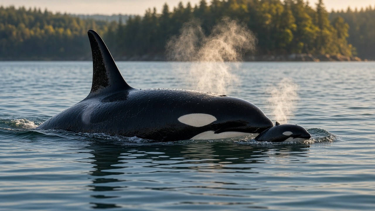 A mother orca swimming at the surface of calm blue-green water with a tiny newborn calf close beside her
