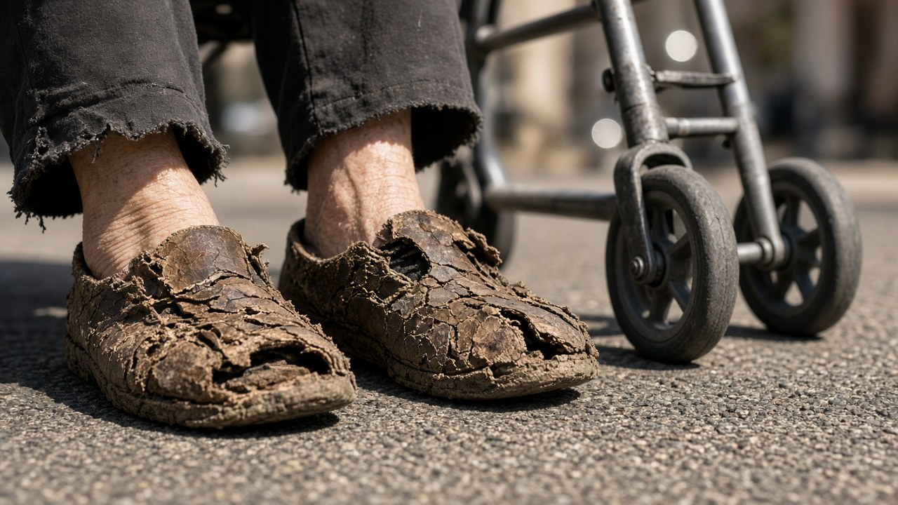 An elderly man's worn-out shoes beside his walker on the pavement