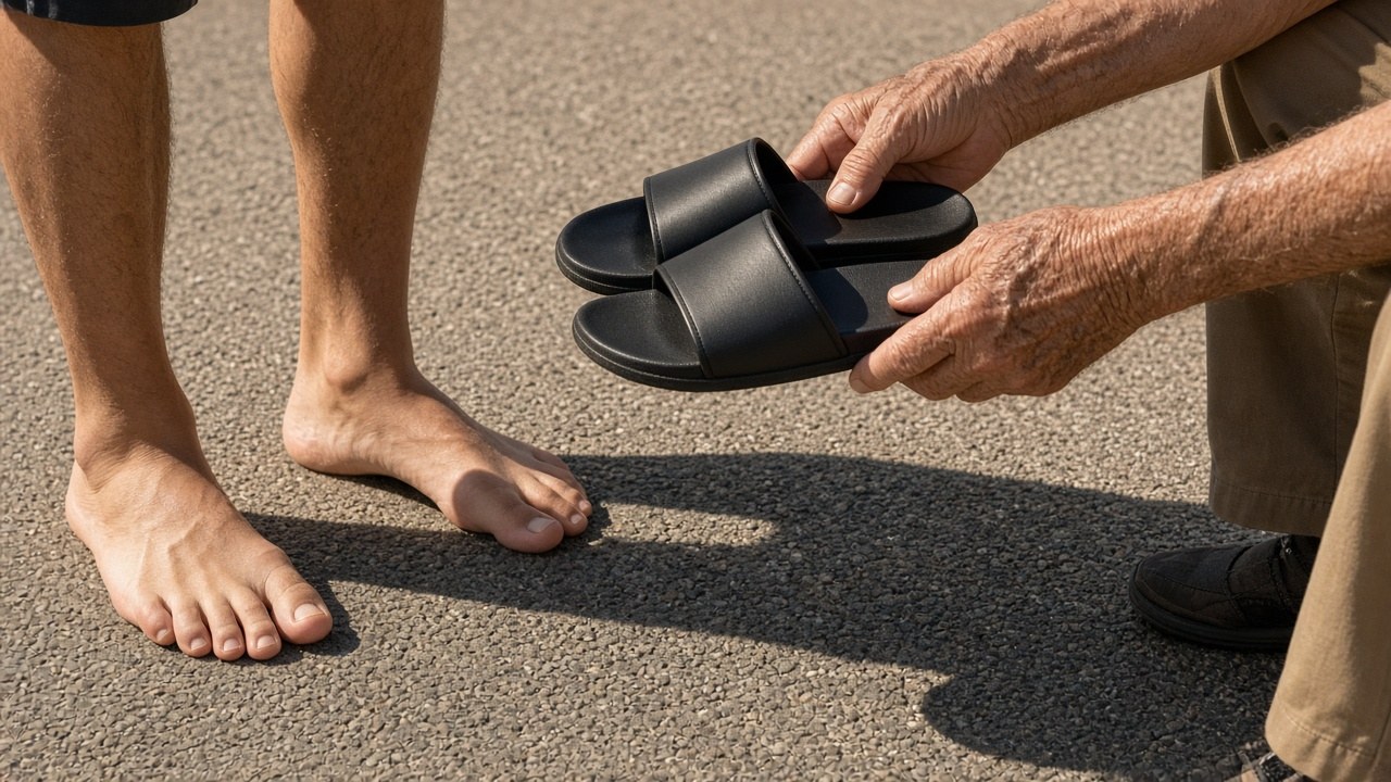 A barefoot young man handing his slides to an elderly stranger