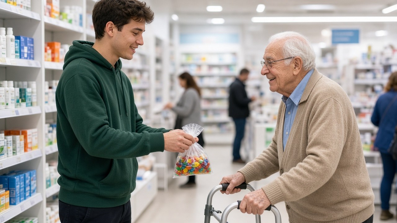 The young man buying candy for his new friend inside the pharmacy