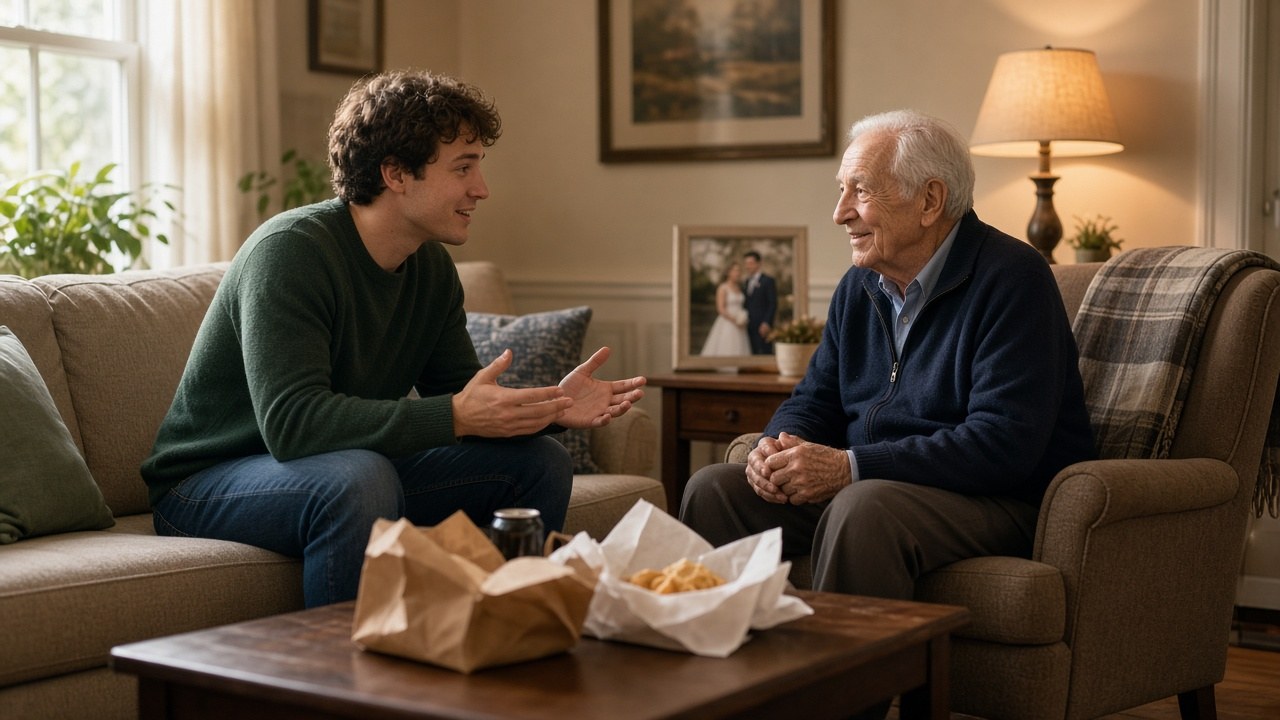 The young man staying to talk with the grieving elderly man at his home