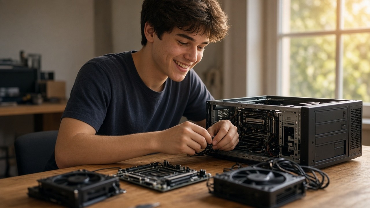 A young man who builds computers smiling at his workbench