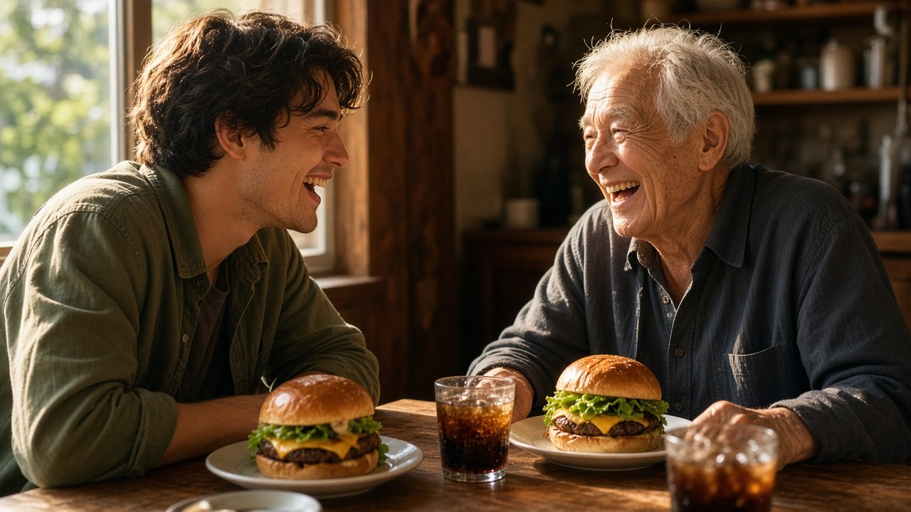 A young man and an elderly man sharing lunch and laughing together