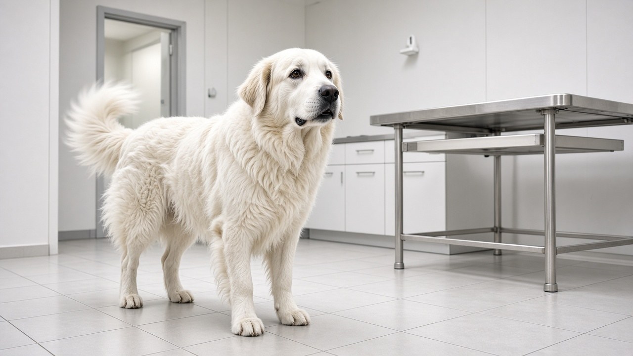 Tillie standing in the shelter hospital, wagging her tail