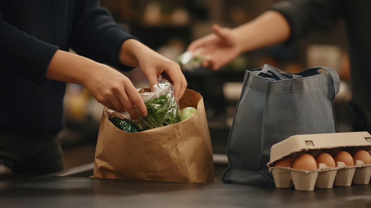 Bagging groceries at the checkout