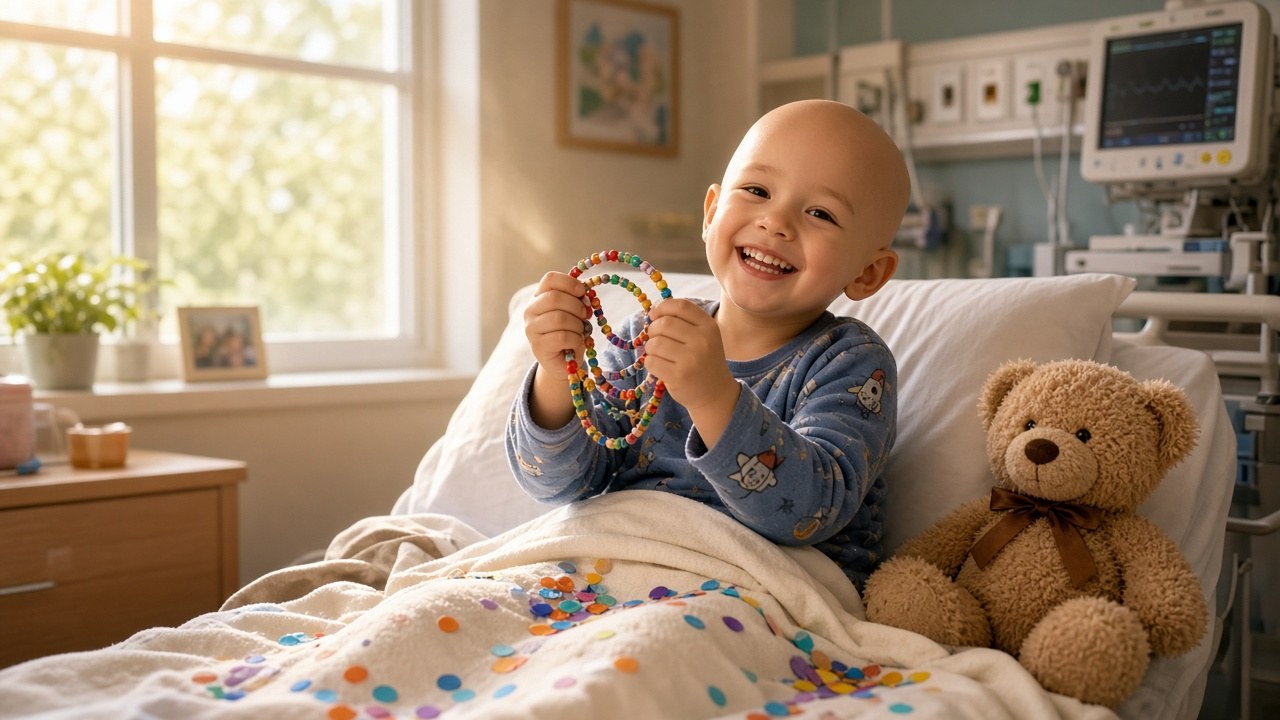 A smiling little boy in a hospital bed holds up a friendship bracelet as colorful confetti rests on his blanket