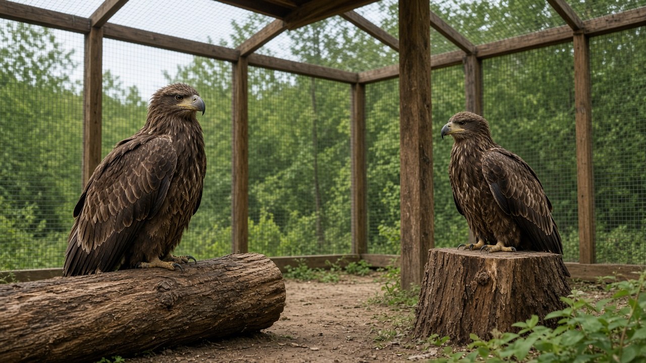 Young eagles in a flight enclosure at the rehab center