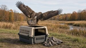 A young brown bald eagle spreading her wings as she lifts off from an open carrier crate over a marsh
