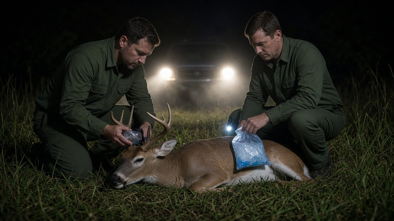 Wildlife officers cool and give oxygen to the sedated buck